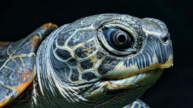 A close-up shot of a sea turtle's head, showcasing its intricate shell patterns and large, dark eye