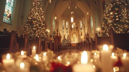 Obraz premium Serene Christmas scene in a beautifully decorated church with glowing candles.