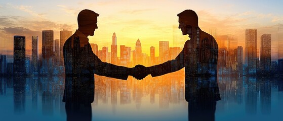 Business handshake between two men, silhouetted against a city skyline, with the image of buildings merged into the scene