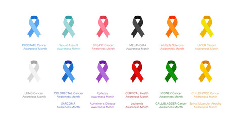 Set of cancer ribbon awareness by months: red, pink, green, blue, yellow, white, black, gold, orange, purple, teal. Vector illustration