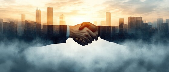 Business handshake between two men, silhouetted against a city skyline, with the image of buildings merged into the scene