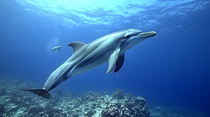 Graceful dolphin swimming in clear blue ocean waters.