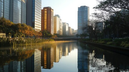 Fototapeta premium Modern office buildings with the Pinheiros River in SÃ£o Paulo, Brazil 