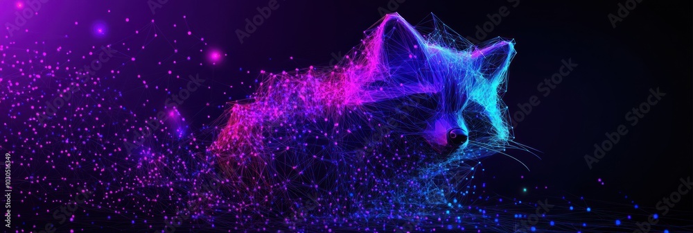 Poster A digital art representation of a cat, composed of vibrant particles and glowing effects.