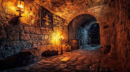 Mysterious Dungeon with Stone Walls and Soft Lighting