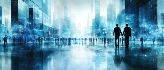 Silhouette of people, with two businessmen shaking hands, overlaid with a modern urban landscape, combining blue and white tones for a professional business theme