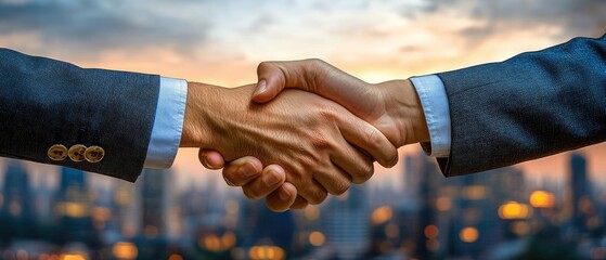 two businessmen shaking hands, overlaid with a modern urban landscape,  a professional business theme