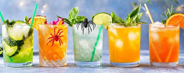 Halloween rooftop cocktail party in an American city eerie-themed hors doeuvres like spider-shaped canapes