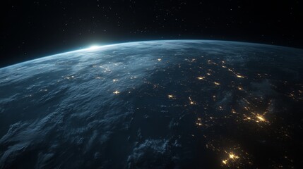 Obraz premium Night view of Earth from space with glowing communication lines.