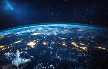 Planet Earth from space, glowing city lights on its surface, stars in the sky.