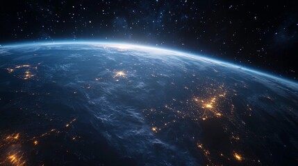 Obraz premium Night view of Earth from space with glowing communication lines.