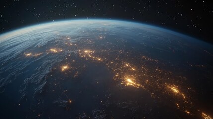 Obraz premium Night view of Earth from space with glowing communication lines.