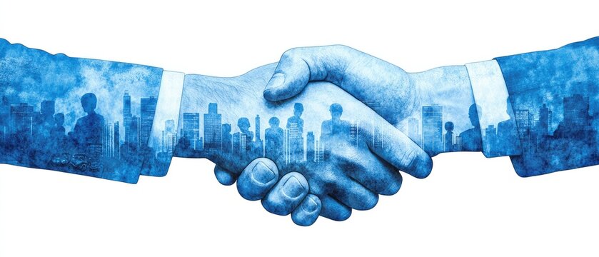 Two businessmen in silhouette shaking hands, with a superimposed image of tall buildings, set in a blue and white color scheme, representing a business concept