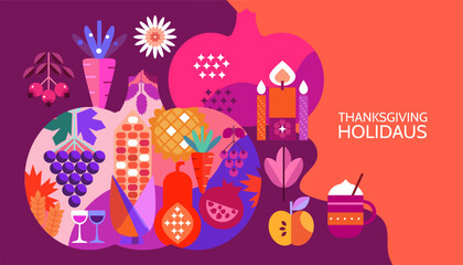 Happy Thanksgiving  Day- template Greeting card with decorations of leaves, pumpkins, sunflower, berry, family dinner of nature.Vector flat icon illustration