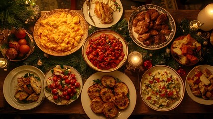 Festive holiday spread featuring diverse traditional dishes on a beautifully decorated table.