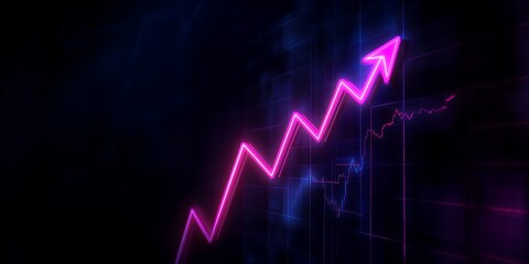 A neon pink arrow pointing upwards against a dark background with blue and purple gradients. This signifies success and growth.