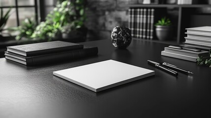 A blank post-it note on a black desk, with all surrounding objects including books, notebooks, pens, bright plants, and warm lighting, contributing to a modern and peaceful workspace.