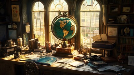 An antique globe sits on a cluttered desk in a sunlit study room.