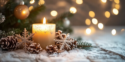 Cozy Christmas decor background with lit candle, snow-covered pinecones, and snowflakes.