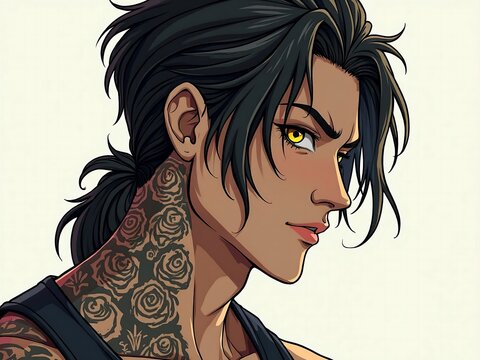Young asian tattooed man profile with long black hair and yellow eyes