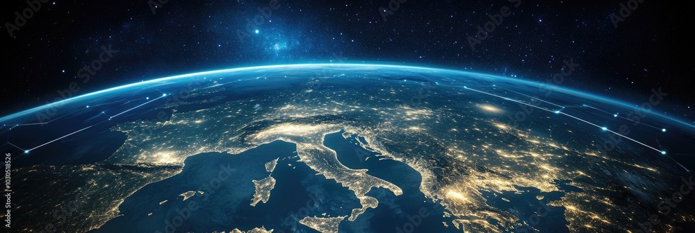 Wall mural planet earth with map and global network lines in a dark blue background.