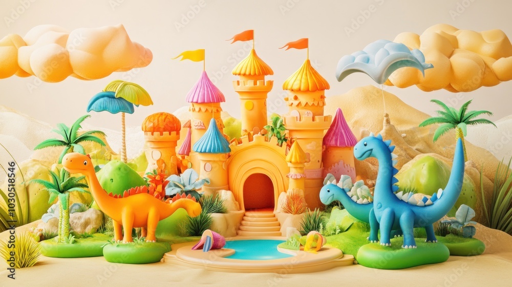 Wall mural Colorful dinosaur-themed castle scene with palm trees and playful elements.