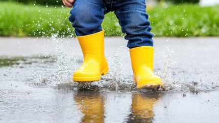 Child in Yellow Boots Jumping in Puddle
