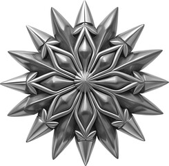 Fototapeta premium bright, shiny silver snowflake with a detailed, symmetrical design. smooth petal-like shapes and rounded droplets radiating from the center. PNG