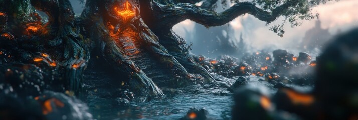 Obraz premium Exploring an Enchanted Forest: A Mystical Scene of Glowing Trees and Serene Waters