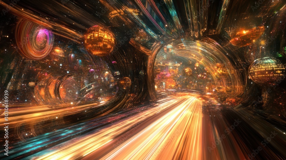 Poster A vibrant, abstract representation of a cosmic tunnel with glowing orbs and light trails.