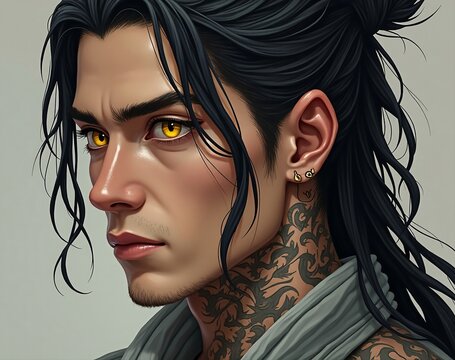 Athletic asian tattooed man with long black hair and yellow eyes
