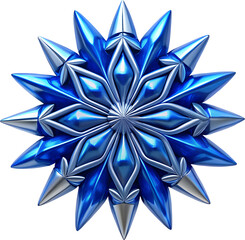 bright, shiny  blue snowflake with a detailed, symmetrical design. smooth petal-like shapes and rounded droplets radiating from the center. PNG