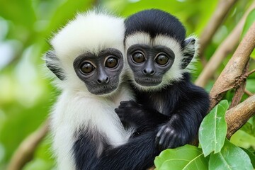 Two young monkeys embracing on a branch surrounded by green leaves.