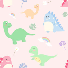 Cute vector colorful dinosaur seamless pattern on pastel pink background
