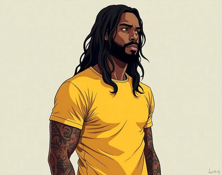 Athletic tattooed black man with long and facial hair, yellow eyes, wearing yellow t-shirt.