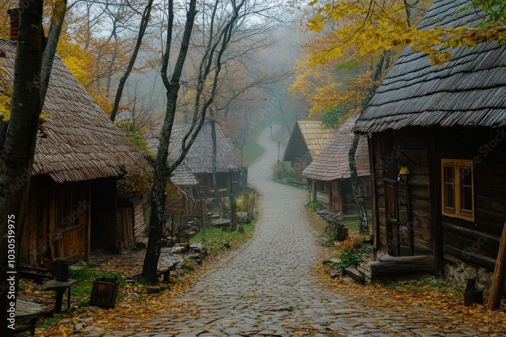 Poster A quaint, foggy village path lined with rustic wooden houses and autumn foliage.