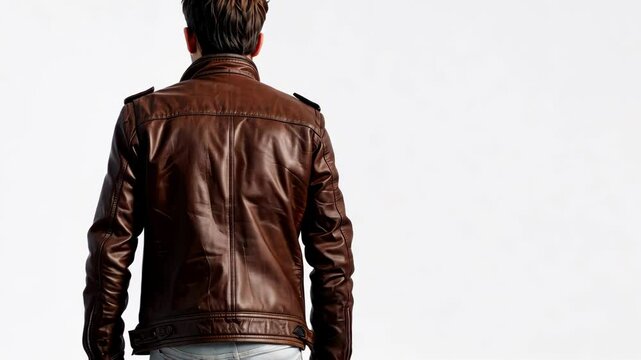 A man in a brown leather jacket stands with his back to the camera