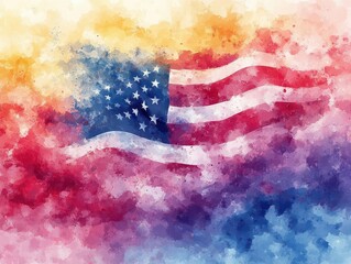 independence day celebration captured in a watercolor style, featuring a waving flag that embodies freedom and patriotism, surrounded by vibrant colors that evoke a sense of national pride