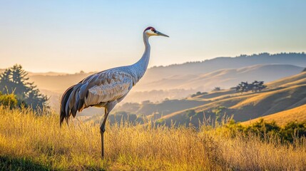 Fototapeta premium A solitary crane stands gracefully in a sunlit landscape with rolling hills in the background.