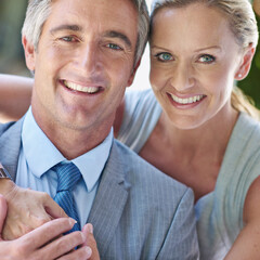 Business, hug and portrait of mature couple with smile, support and confidence in morning. Man, woman and happy partnership in corporate management for entrepreneur team with love, trust and bonding