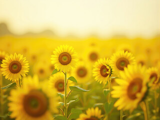 Fototapeta premium Sunflowers blooming in field during golden hour