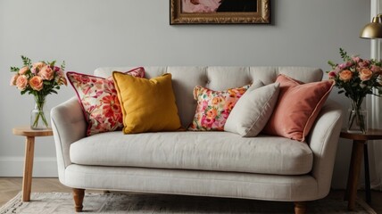 Elegant living room with white sofa decorated with colorful pillows and flowers
