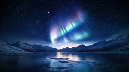 Fototapeta premium stunning display of aurora borealis dances above serene icy fjord, reflecting vibrant colors in calm waters below. majestic mountains frame this breathtaking winter landscape