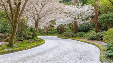 A serene winding path lined with cherry blossom trees in a lush green environment.