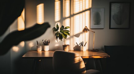 A serene workspace with natural light, plants, and organized stationery.