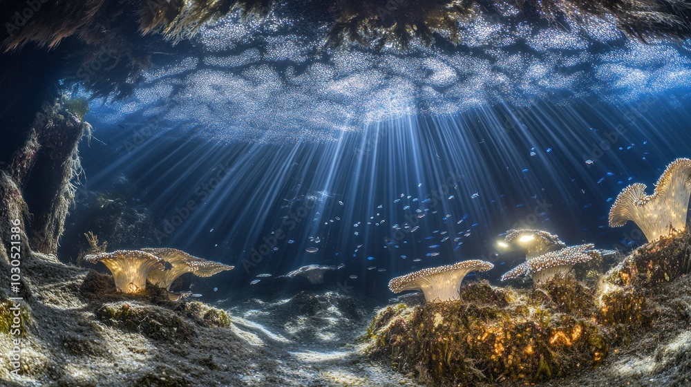 Poster Underwater scene with rays of light illuminating coral formations and fish.