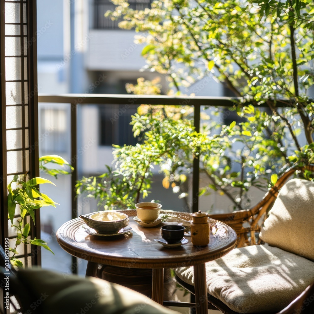 Poster A cozy balcony scene with tea and snacks surrounded by greenery.