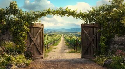 Rustic Vineyard Entrance with Wooden Gate