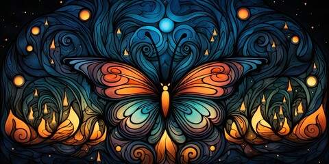 Fototapeta premium A vibrant butterfly with swirling wings takes flight against a backdrop of glowing, abstract shapes, creating a mesmerizing visual experience.