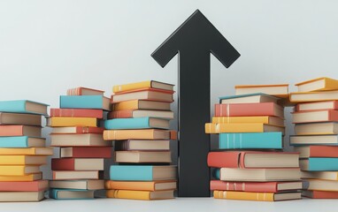 A visually appealing 3D rendering of an upward-pointing black arrow, accented by colorful stacks of books and binders